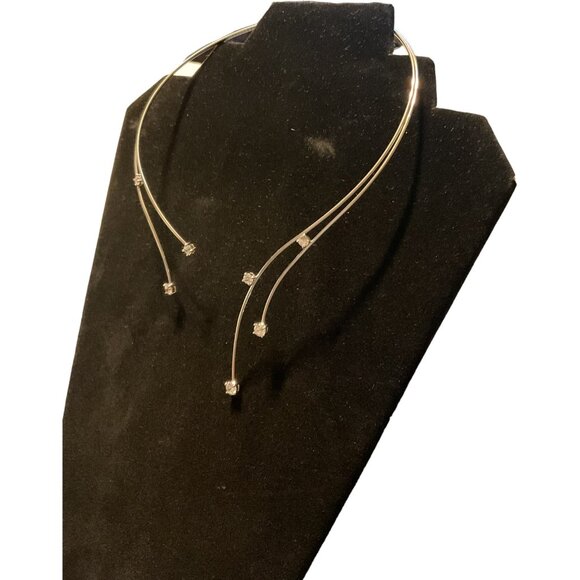 Silver Tone Elegant Wire Necklace With Crystal Accents For Women Prom Homecoming - Picture 3 of 12